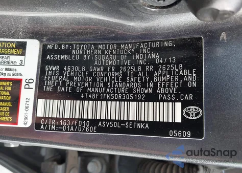 2013 Toyota Camry Le from USA, damaged, VIN 4T4BF1FK5DR305192